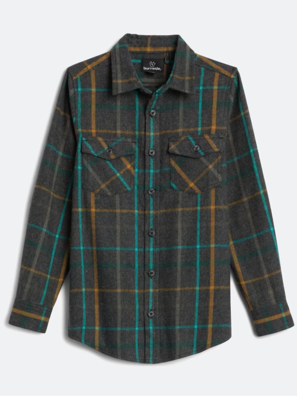 BURNSIDE Morgan Long Slv Grey Plaid Flannel Button-Up Shirt Teal & Mustard Lines